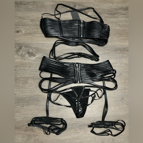 NWT Dolls Kill / Darker Wavs Black Pitch Strappy 3-Piece Lingerie Set - Picture 2 of 10